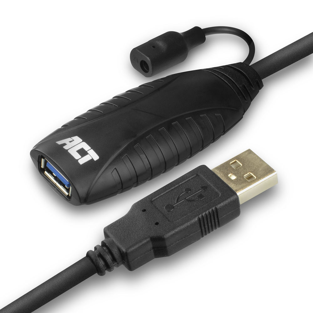A black USB extender cable with a female USB port, a male USB port, and a small black connector.