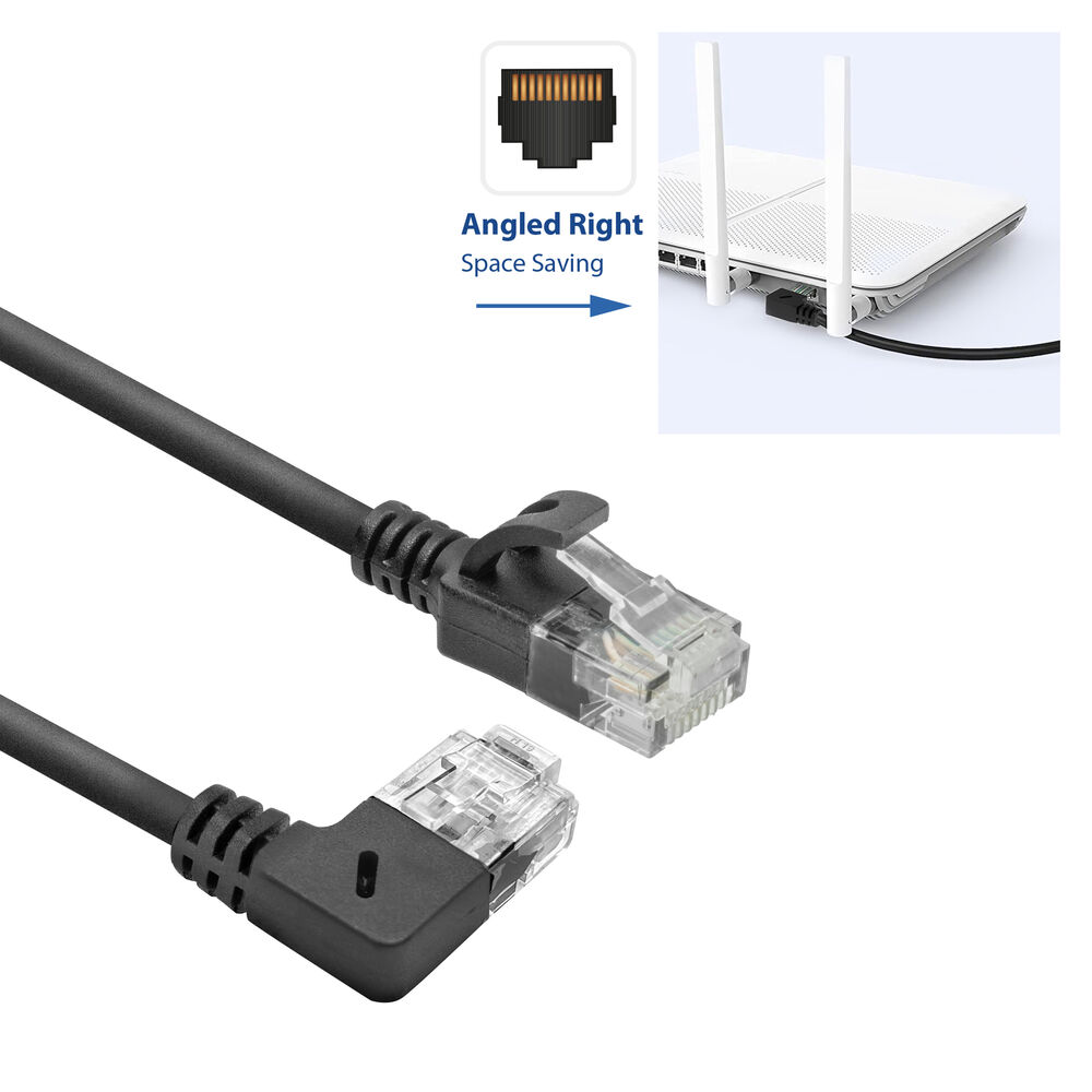 Kątowe kable Ethernet podłączone do routera, ilustrujące oszczędność miejsca. Widoczne są czarne kable z przezroczystymi złączami.