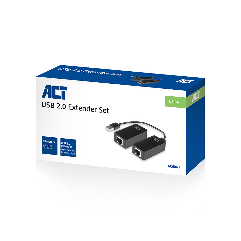 Een doos met 'ACT USB 2.0 Extender Set' erop gedrukt. Er worden twee zwarte extenders getoond. De doos is wit en blauw.