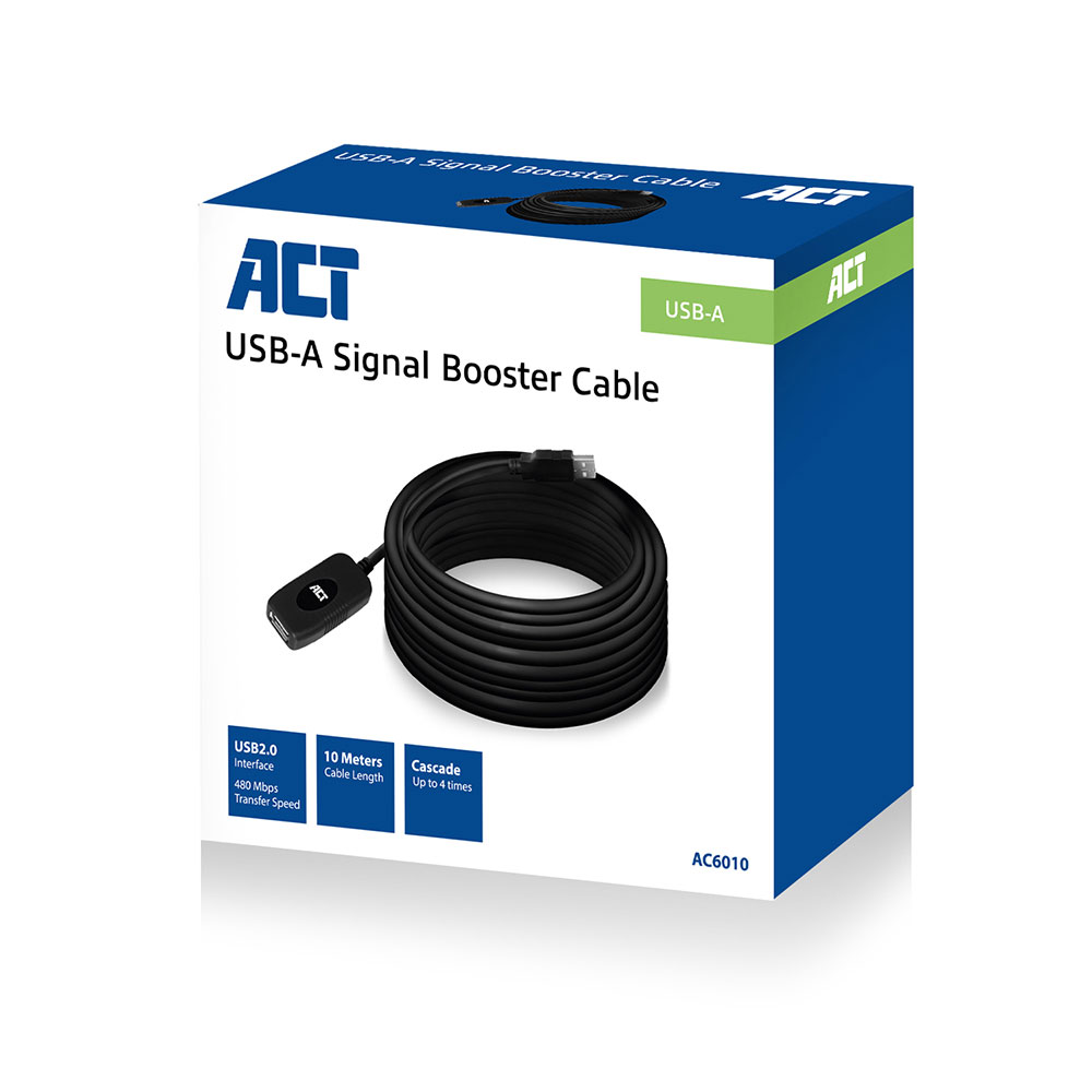 Een doos met een zwarte USB-A signaalversterkerkabel. Tekst op de doos bevat 'ACT', 'USB-A Signal Booster Cable' en specificaties.