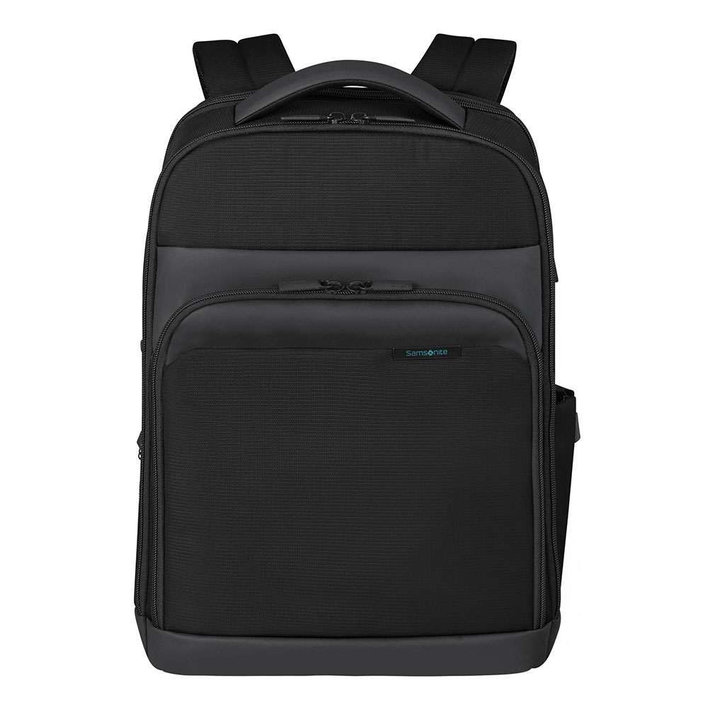 Schwarzer Samsonite-Rucksack mit Griff und Schultergurten. Er hat eine Vordertasche und eine Seitentasche. Das Logo ist sichtbar.
