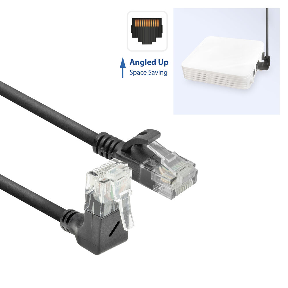 Czarny kabel Ethernet z kątowym złączem. Biały router w tle. Schemat pokazuje złącze kątowe skierowane w górę.