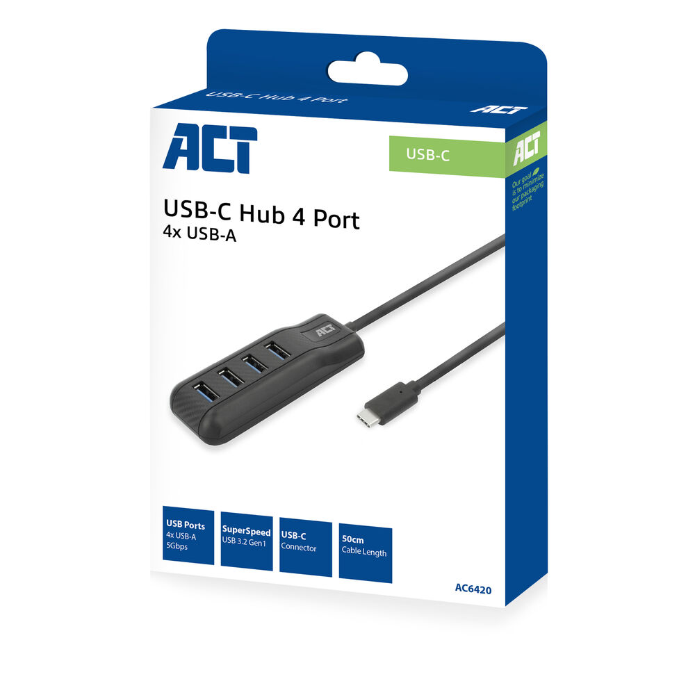Eine Schachtel mit einem USB-C-Hub. Der Hub ist schwarz, hat vier Anschlüsse und ist mit einem Kabel verbunden. Die Schachtel ist weiß und blau.