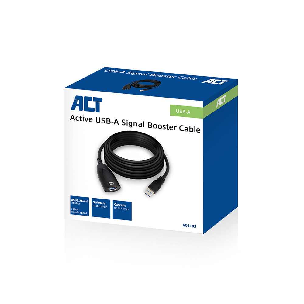 A box with a black USB-A signal booster cable. Text on the box includes 'ACT' and 'Active USB-A Signal Booster Cable'.