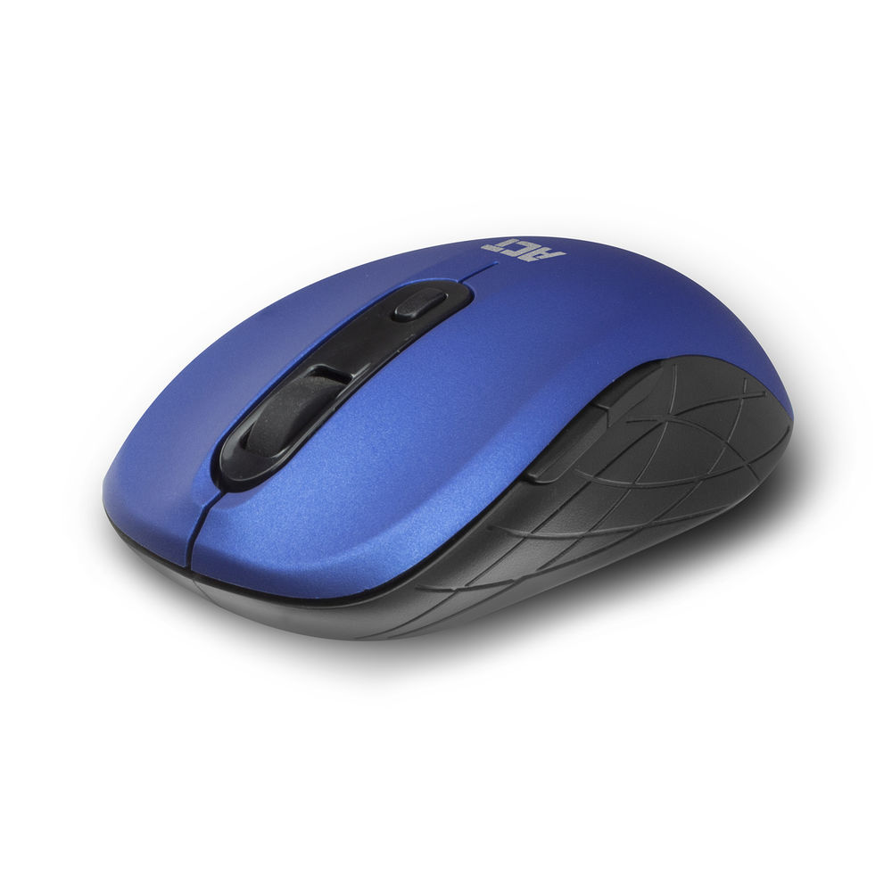 Een blauwe en zwarte computermuis. De bovenkant is blauw, met een scrollwiel en knoppen. De onderkant is zwart.