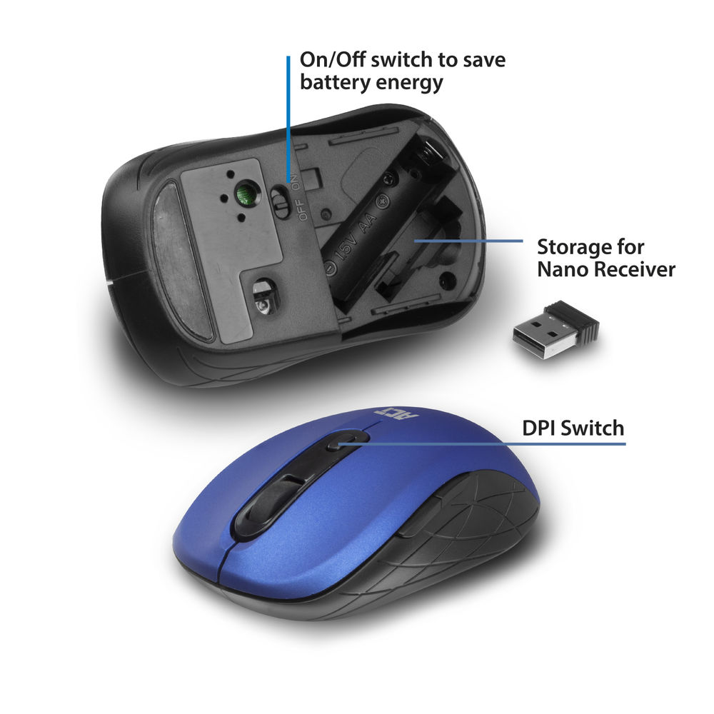 Een gedemonteerde zwarte en blauwe computermuis met een batterijvak, een aan/uit-schakelaar en een nano-ontvanger.