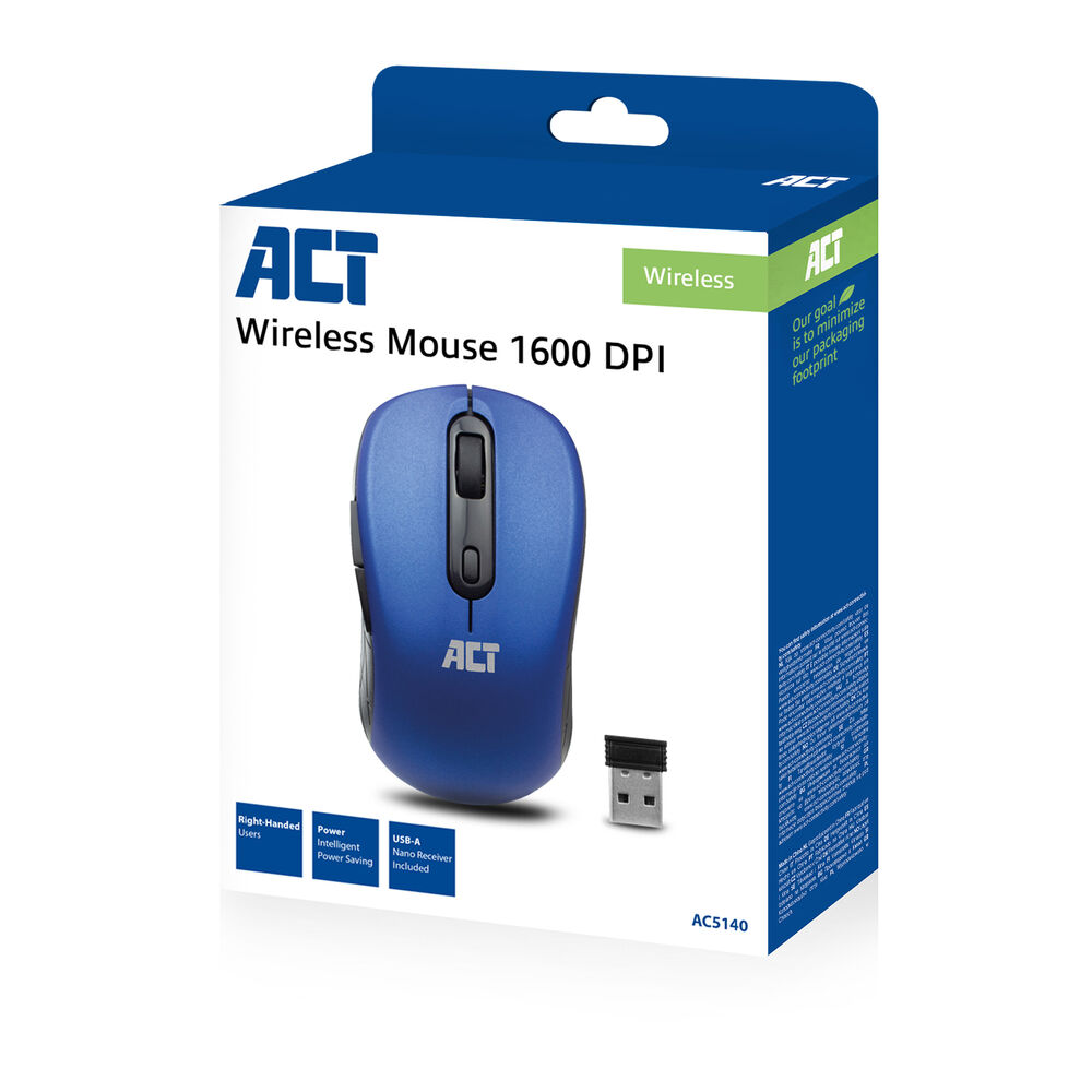Een blauwe ACT draadloze muis in de doos. De doos bevat ook een USB-ontvanger. Er staat Wireless Mouse 1600 DPI.