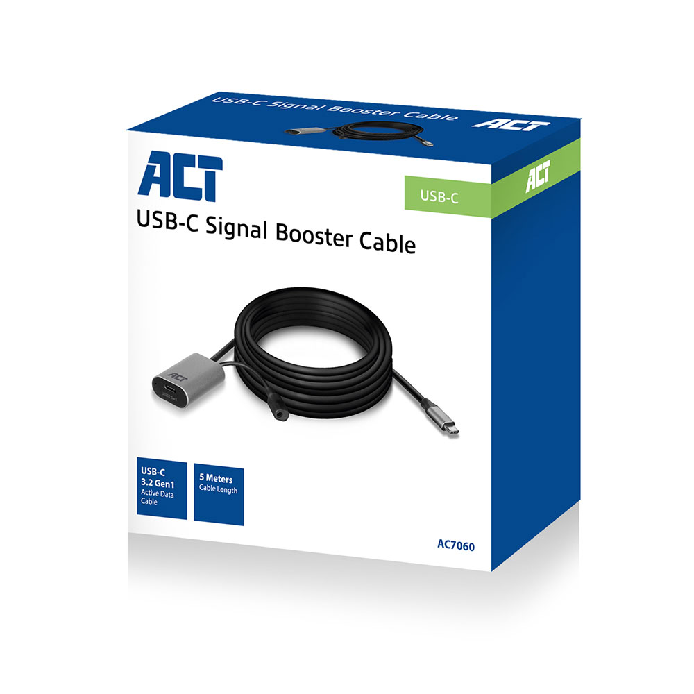 Una scatola con un cavo amplificatore di segnale USB-C. Il cavo è nero e arrotolato. La scatola ha il logo ACT e i dettagli del prodotto.