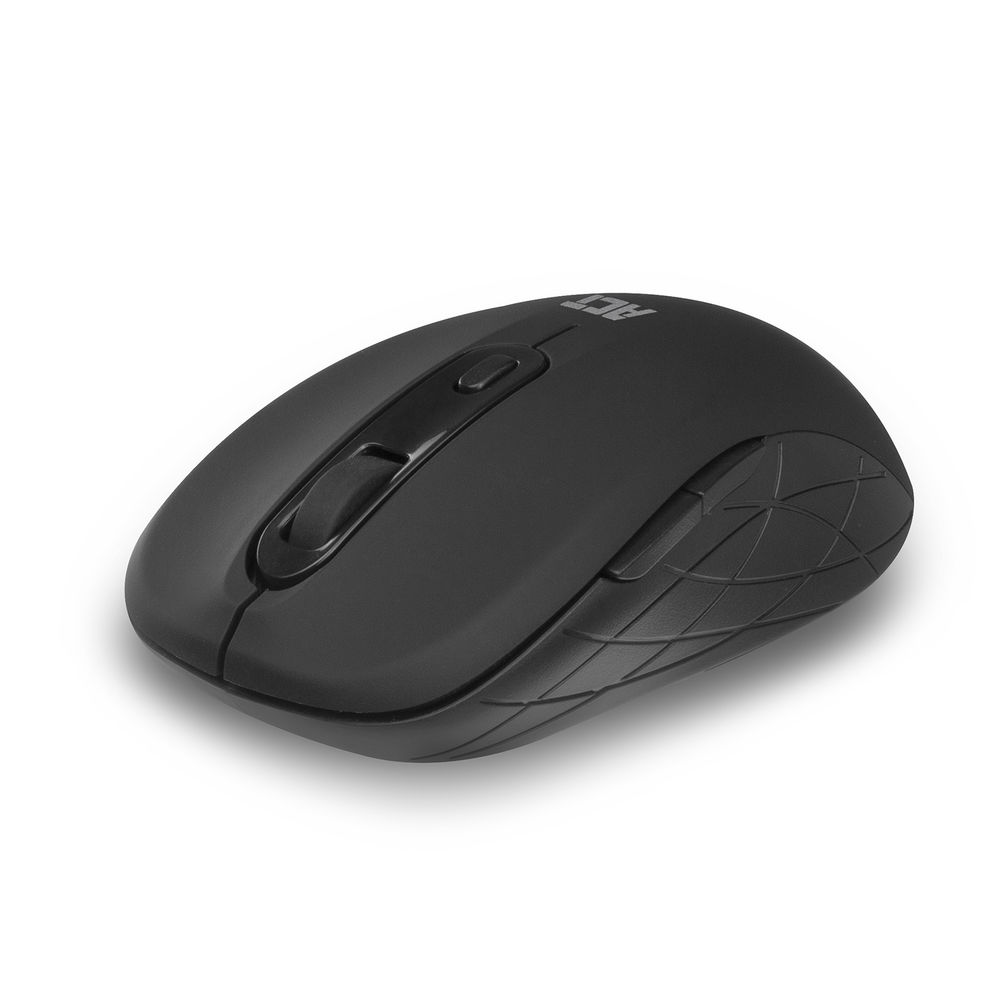 Een zwarte computermuis met een scrollwiel en twee knoppen. De muis staat op een witte achtergrond.
