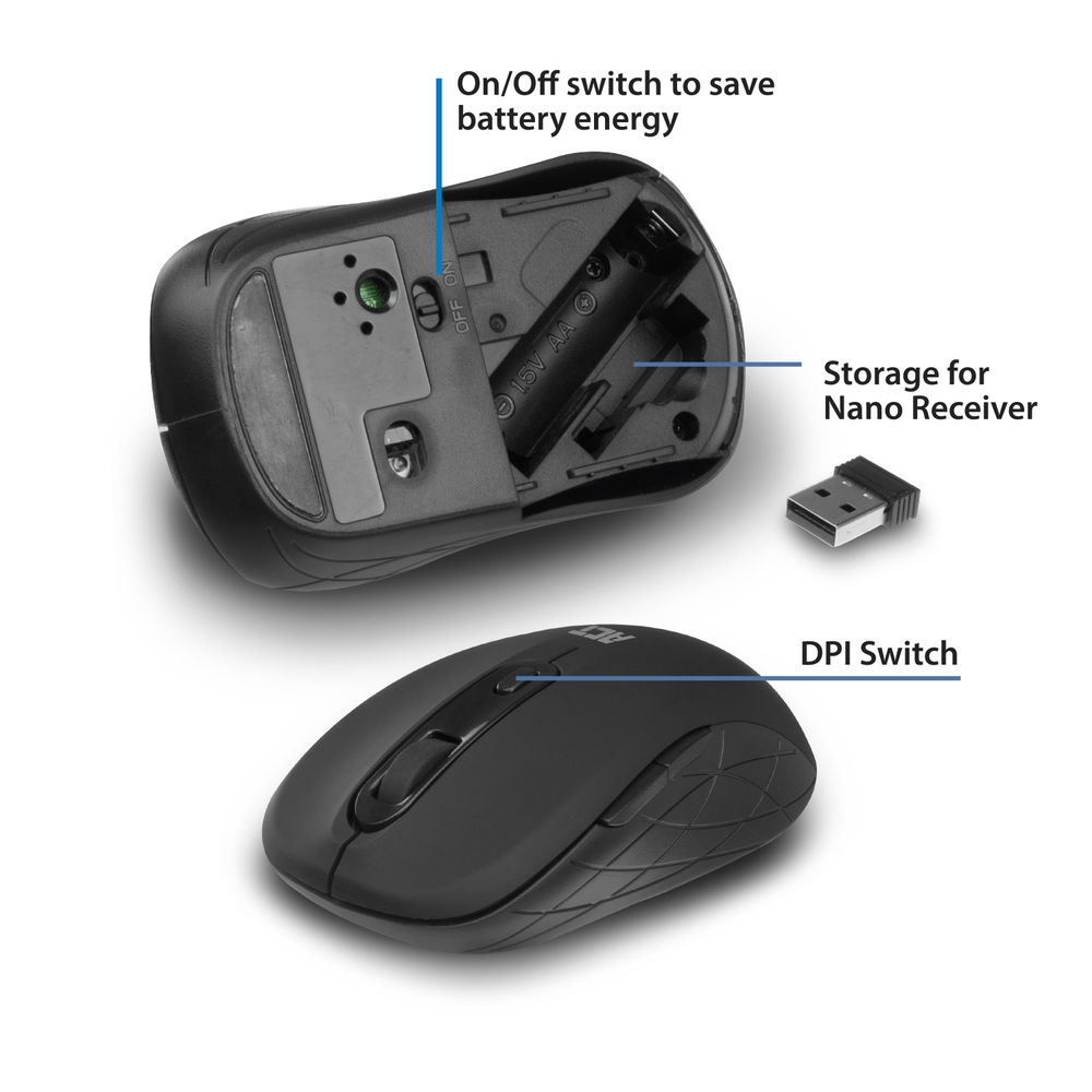 Zwarte computermuis met een open batterijcompartiment, met een batterij. Een nano-ontvanger en DPI-schakelaar zijn ook zichtbaar.