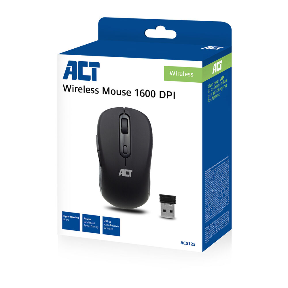 Een doos met een draadloze muis, de doos zegt 'Wireless Mouse 1600 DPI' met de merknaam 'ACT' en een afbeelding van de muis.
