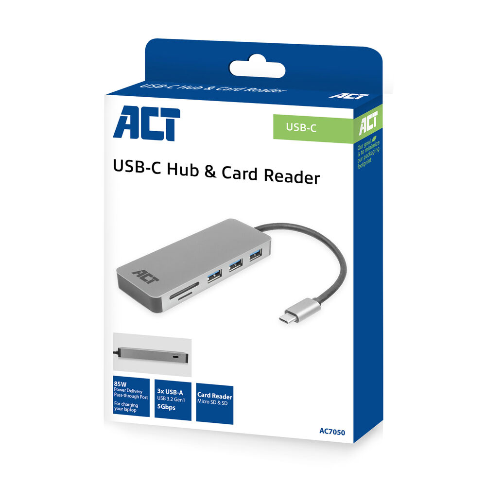 Verpackter ACT USB-C Hub & Kartenleser. Silberner Hub mit USB-Anschlüssen und Kartensteckplätzen. Blaue und weiße Box mit Produktdetails.