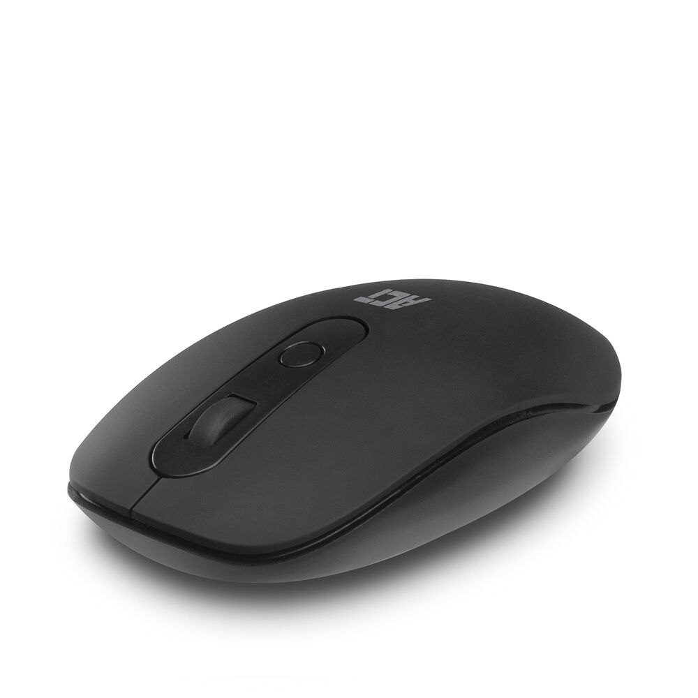 Black computer mouse on white background. Features a scroll wheel and two buttons. The brand name 'ACT' is visible.