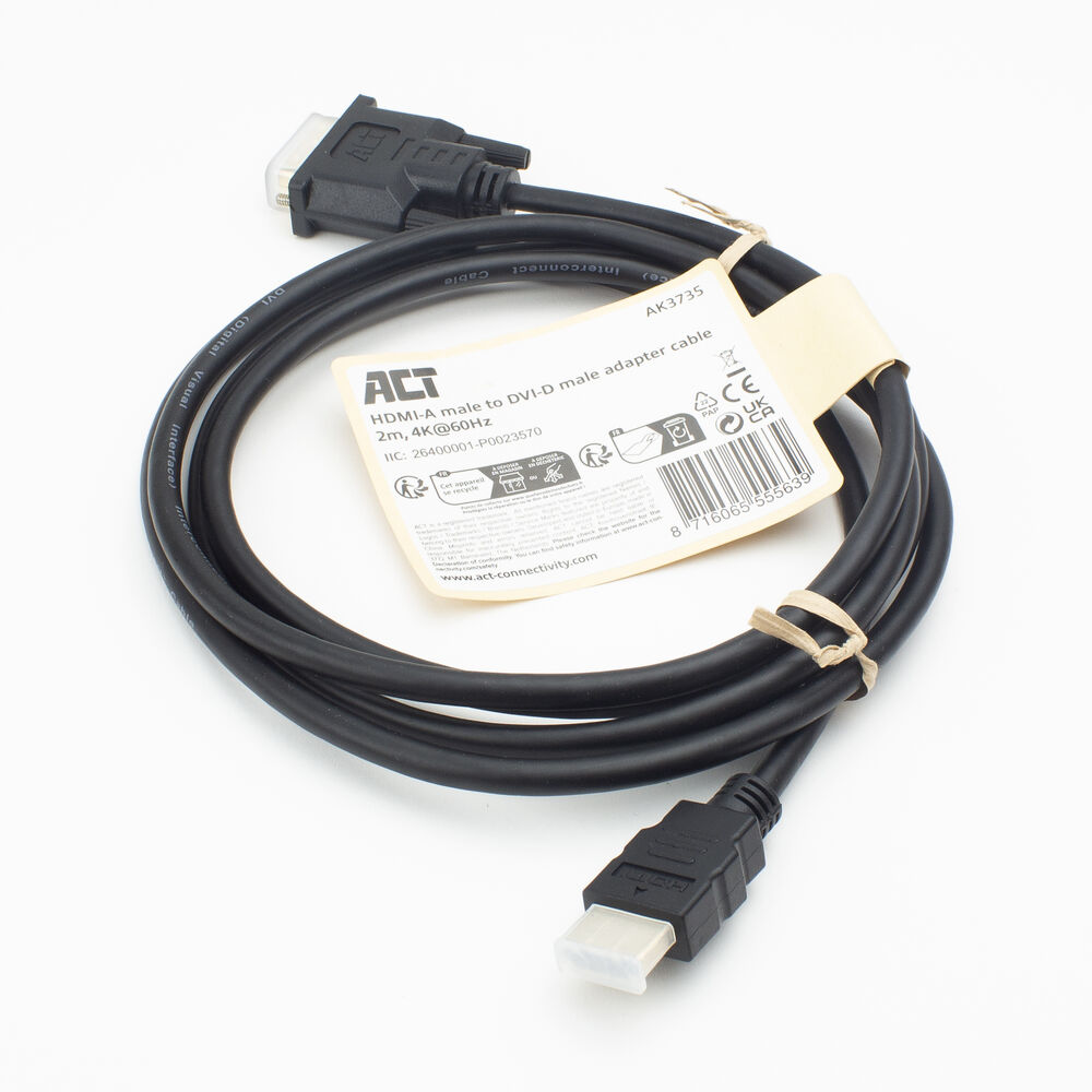 Ein schwarzes HDMI-zu-DVI-D-Kabel mit Anschlüssen an jedem Ende. Ein Etikett ist angebracht, und das Kabel ist auf einer weißen Oberfläche aufgerollt.