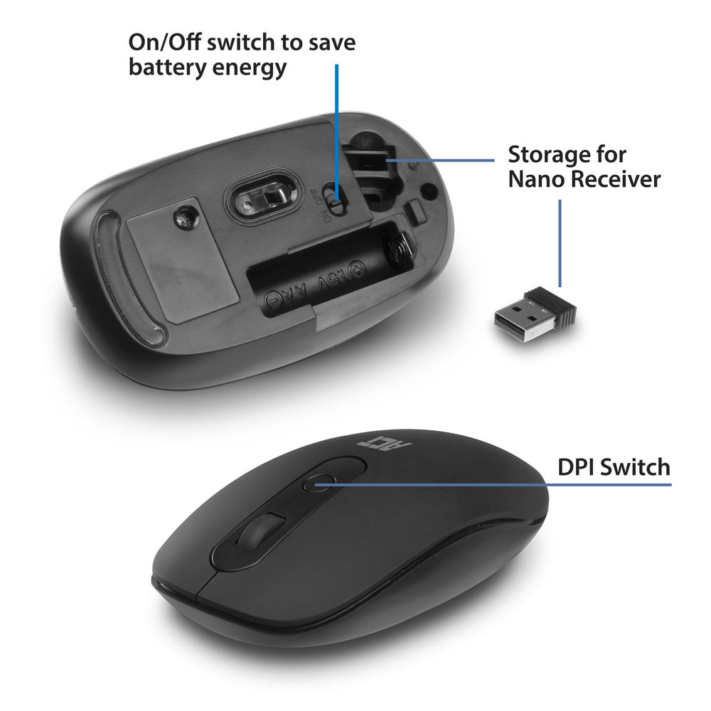 Black wireless mouse with on/off switch, DPI switch, and nano receiver storage. An AA battery is visible.