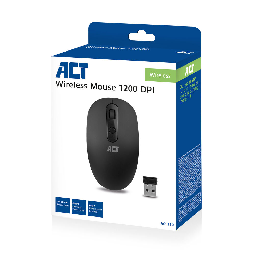 A black wireless mouse with a USB receiver. The box displays the mouse and features like left/right handed users.