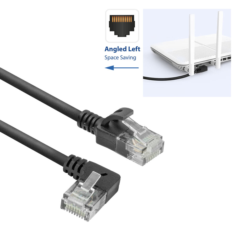 Câble Ethernet noir coudé avec connecteurs transparents. Un routeur et un schéma en arrière-plan. Le texte dit coudé à gauche, gain de place.