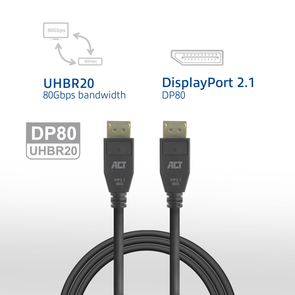 Zwei schwarze DisplayPort-Kabel mit Steckern, die mit 'ACT' und Spezifikationen beschriftet sind. Textelemente umfassen 'UHBR20' und 'DisplayPort 2.1'.