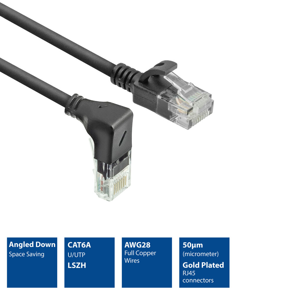 Câble Ethernet noir avec connecteurs coudés. Blocs de texte : Angled Down, CAT6A, AWG28 et 50μm, avec des spécifications détaillées.