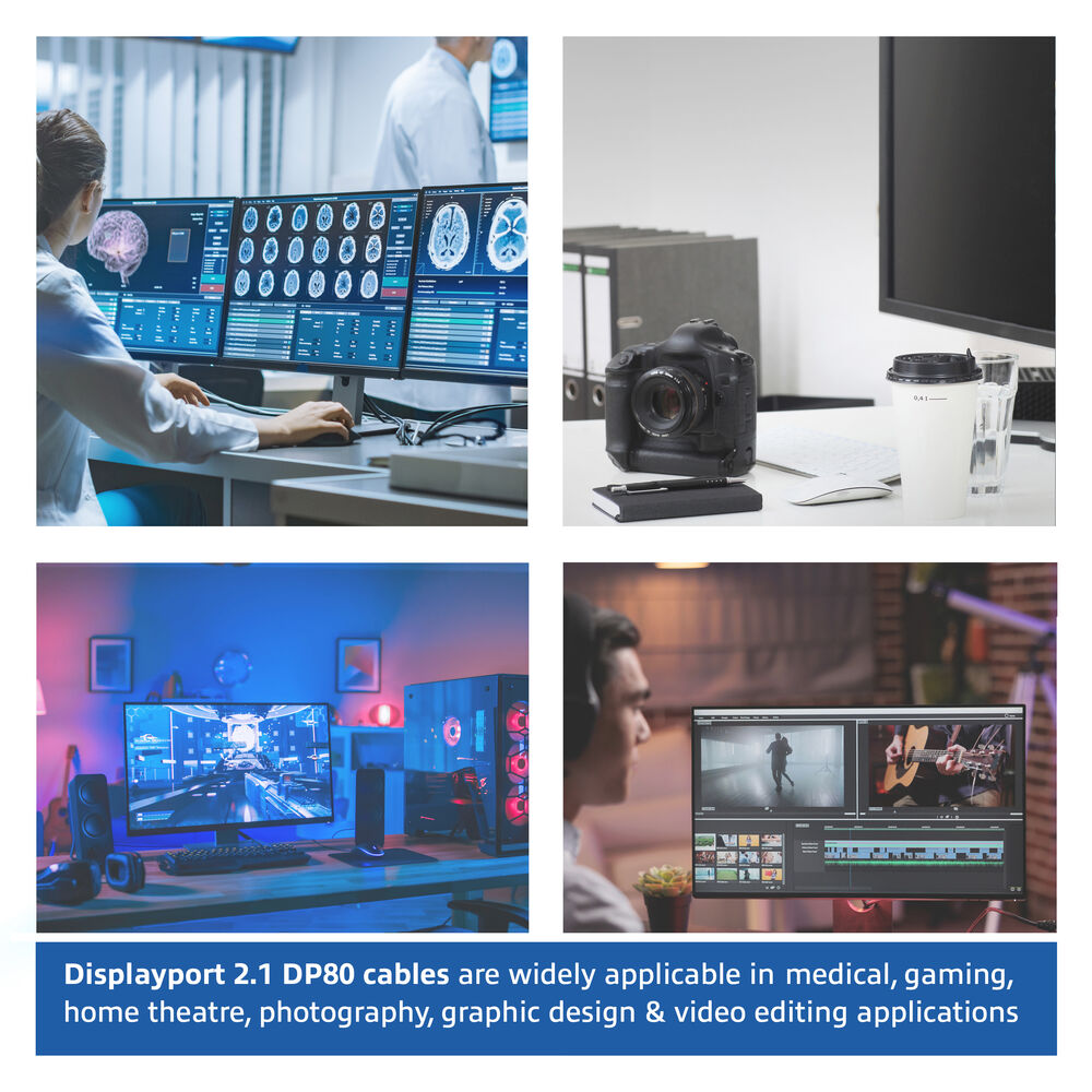 Das Bild zeigt medizinische Monitore, eine Kamera auf einem Schreibtisch, ein Gaming-Setup und einen Videoeditor. Text: Displayport 2.1 DP80 Kabelanwendungen.
