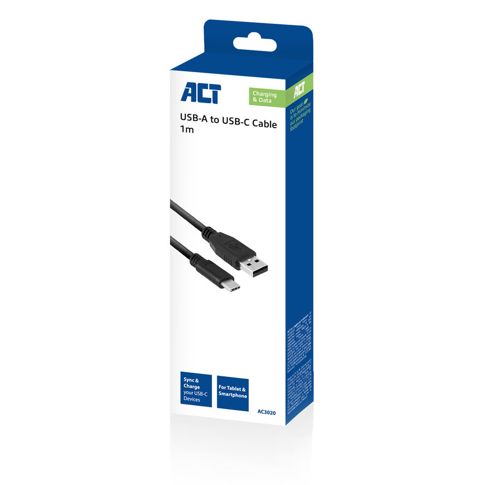 Een wit en blauw pakket met een zwarte USB-A naar USB-C kabel. Tekst bevat 'ACT', 'Charging & Data' en 'For Tablet & Smartphone'.