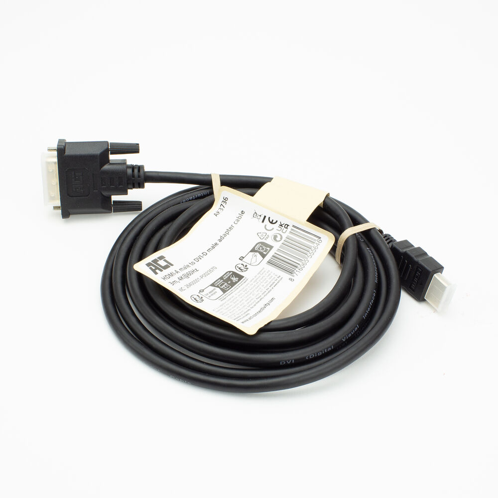 Ein schwarzes HDMI-zu-DVI-D-Adapterkabel, das auf einer weißen Oberfläche aufgerollt ist. Ein Etikett ist befestigt. Das Kabel dient zur Videoanbindung.