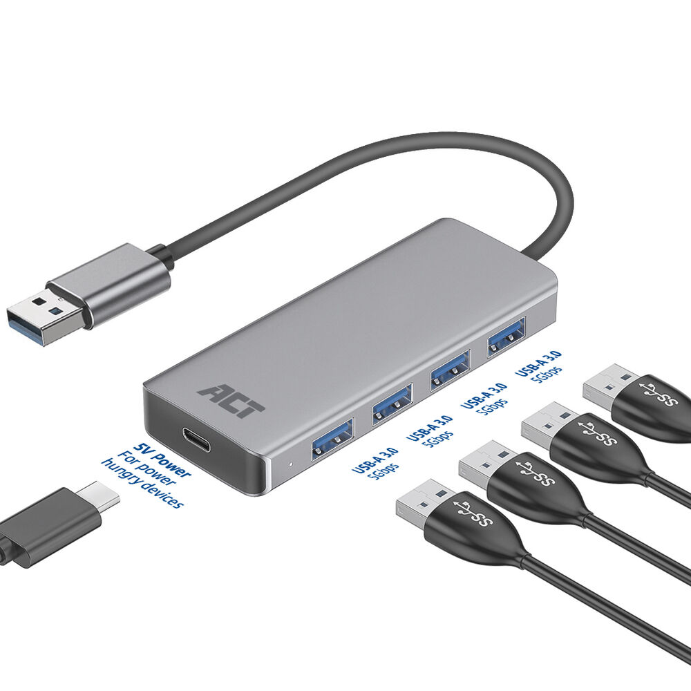 Un hub USB argentato con più porte USB-A e cavi collegati. Testo: ACT, USB-A 3.0, 5 Gbps e 5V Power per dispositivi affamati.