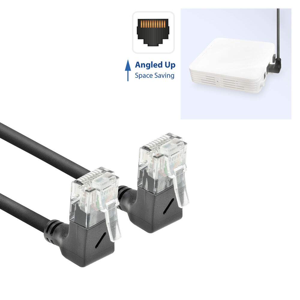 Twee zwarte, gehoekte Ethernet-kabels met transparante connectoren, een witte router en een omhoog gerichte ruimtebesparende afbeelding.