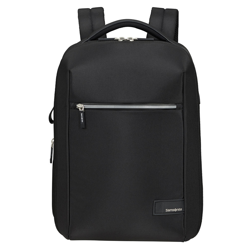 Ein schwarzer Samsonite-Rucksack. Er hat ein Hauptfach, eine Vordertasche mit silbernem Reißverschluss und gepolsterte Schultergurte. Das Samsonite-Logo ist sichtbar.
