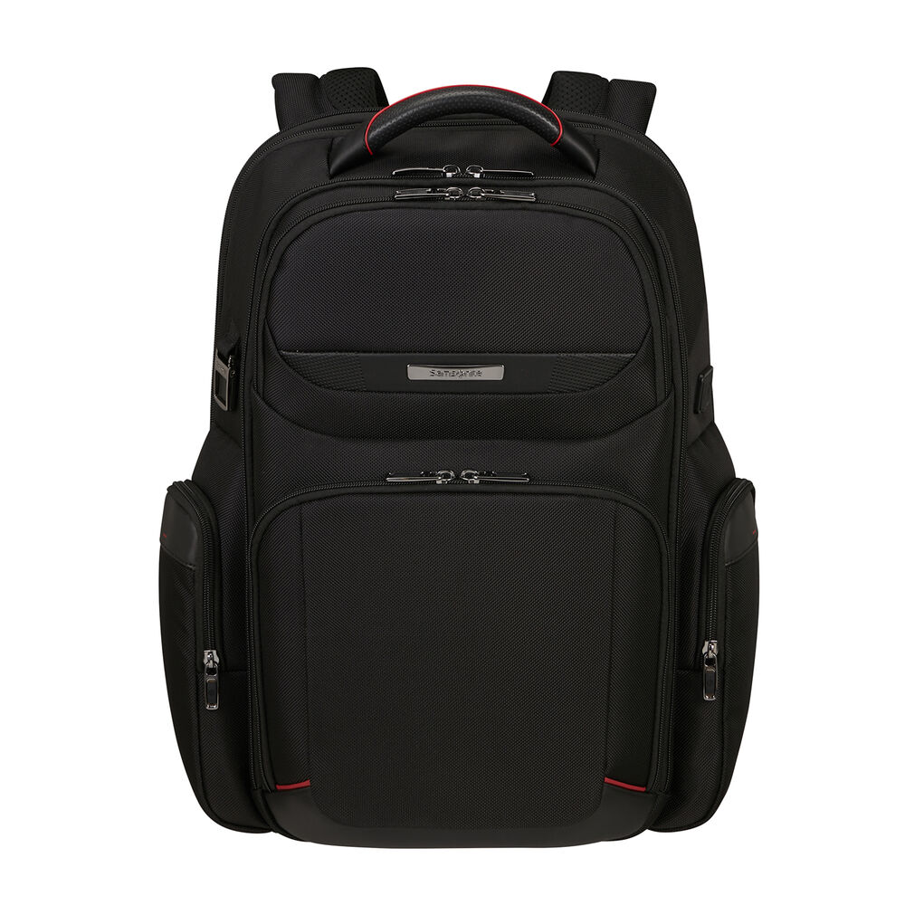 Zaino Samsonite nero con più scomparti, cerniere e dettaglio manico rosso. Presenta tasche laterali e un logo.