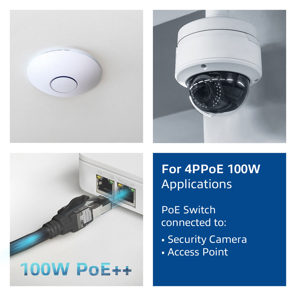 L'image montre un point d'accès blanc monté au plafond, une caméra de sécurité, un commutateur PoE avec câble connecté et un panneau d'information bleu.