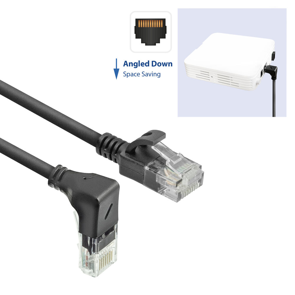Câble Ethernet noir coudé avec connecteur transparent, connecté à une boîte blanche. Diagramme montre angle vers le bas.