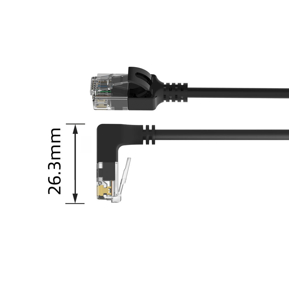 Deux câbles réseau noirs avec connecteurs RJ45. L'un est droit, l'autre coudé. Une mesure de 26,3 mm est affichée à gauche.
