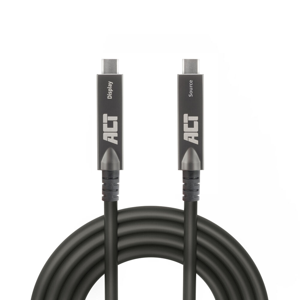 Due cavi ACT neri con connettori USB-C, etichettati 'Display' e 'Source' su sfondo bianco.