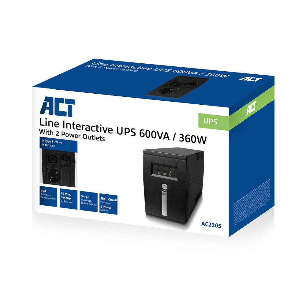 Eine Box mit einer schwarzen USV, beschriftet mit ACT Line Interactive 600VA/360W. Merkmale: AVR, Backup, Überspannungsschutz, zwei Steckdosen.