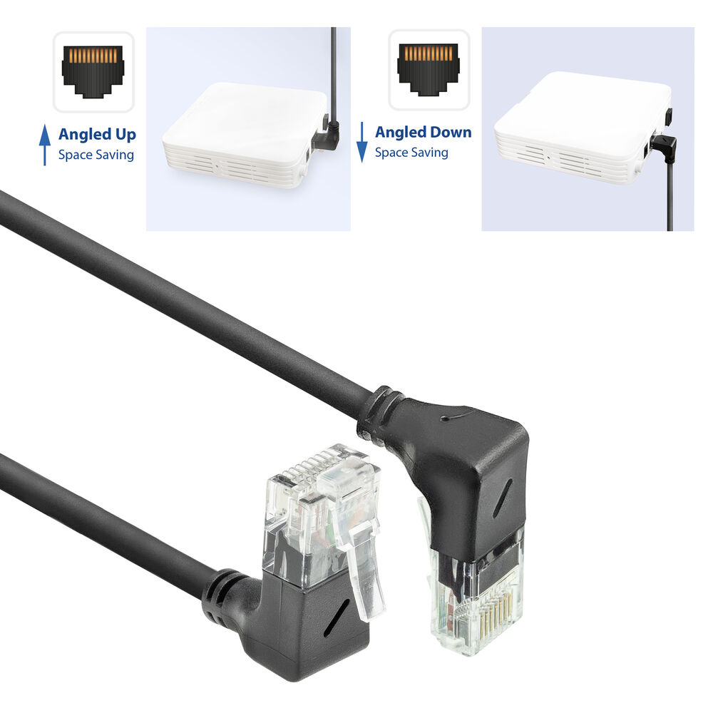 Abgewinkelte Ethernet-Kabel mit schwarzen Kabeln, transparenten Steckern und weißen Router-Diagrammen, die ein platzsparendes Design zeigen.