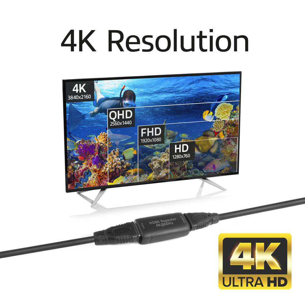 Ein Fernseher zeigt Unterwasserszenen mit Auflösungsbezeichnungen. Ein schwarzes Kabel und ein 4K Ultra HD-Logo im Vordergrund.