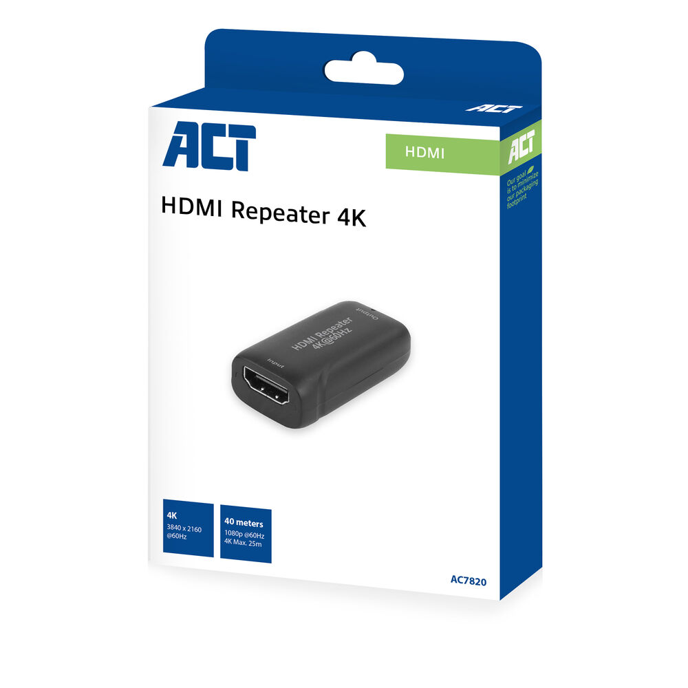 Produktbox für einen HDMI-Repeater, schwarzes Gerät im Inneren. Die Box trägt den Markennamen ACT und Spezifikationen wie 4K und 40 Meter Reichweite.