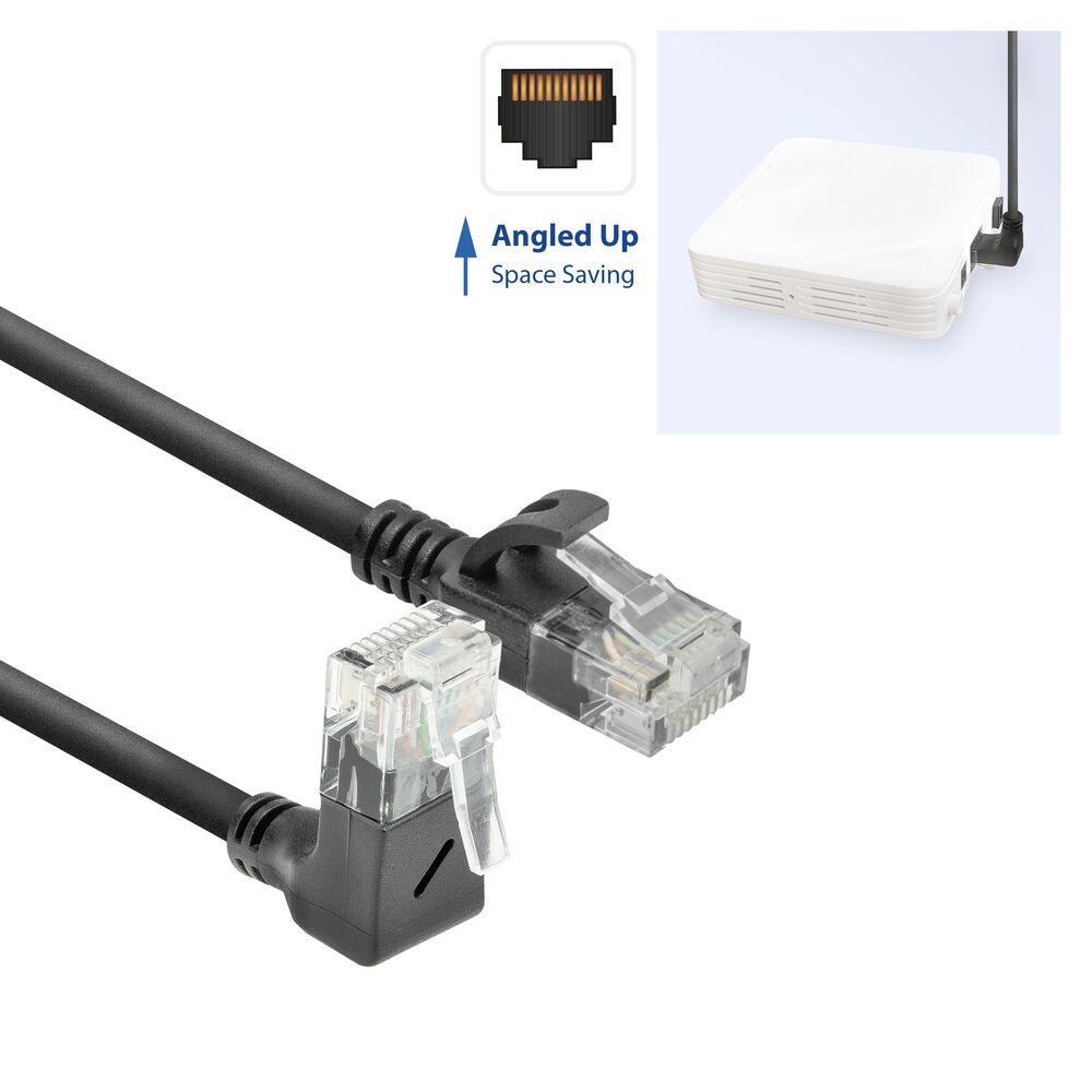 Cavo Ethernet nero con connettore angolato. Router bianco e schema del connettore. Connettore angolato per risparmiare spazio.