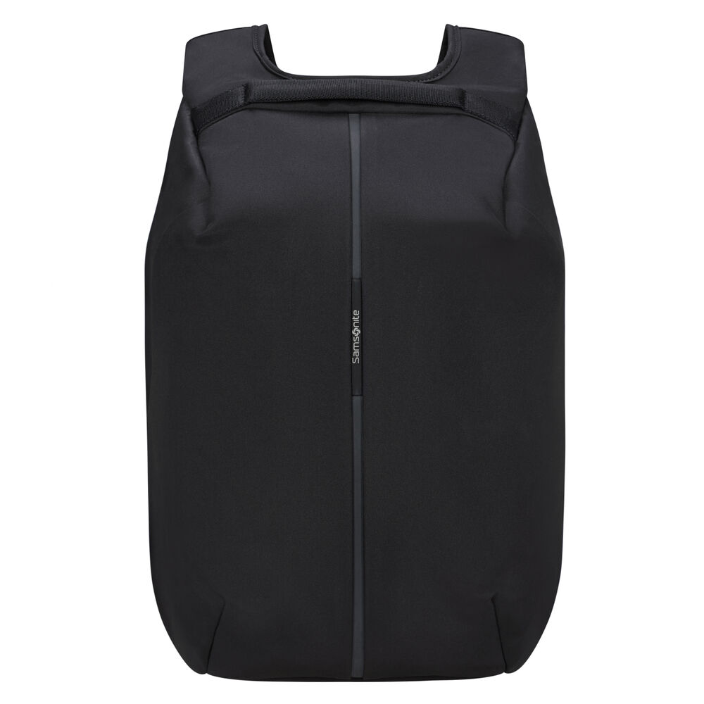 Ein schwarzer Samsonite-Rucksack. Er hat einen vertikalen grauen Streifen in der Mitte. Der Markenname ist sichtbar.