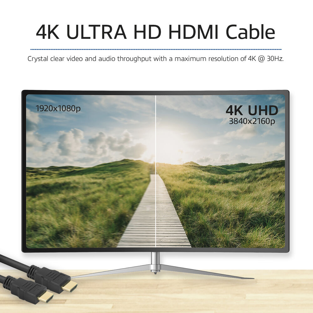 Ein Monitor zeigt Landschaftsszenen und vergleicht 1920x1080p mit 4K UHD. HDMI-Kabel im Vordergrund, Holztisch.