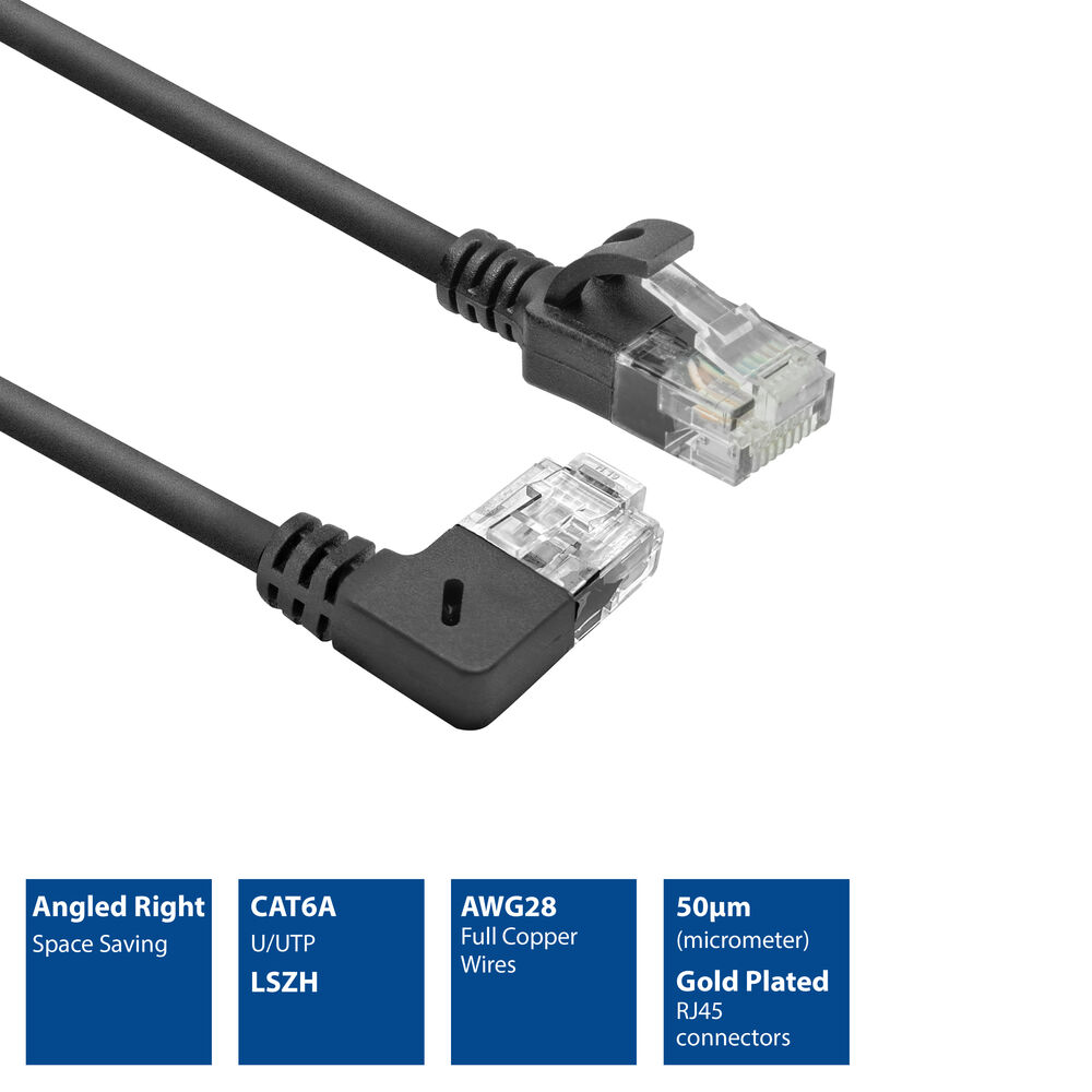 Due cavi di rete neri con connettori angolati, etichettati CAT6A, AWG28 e connettori RJ45 placcati oro, su sfondo bianco.