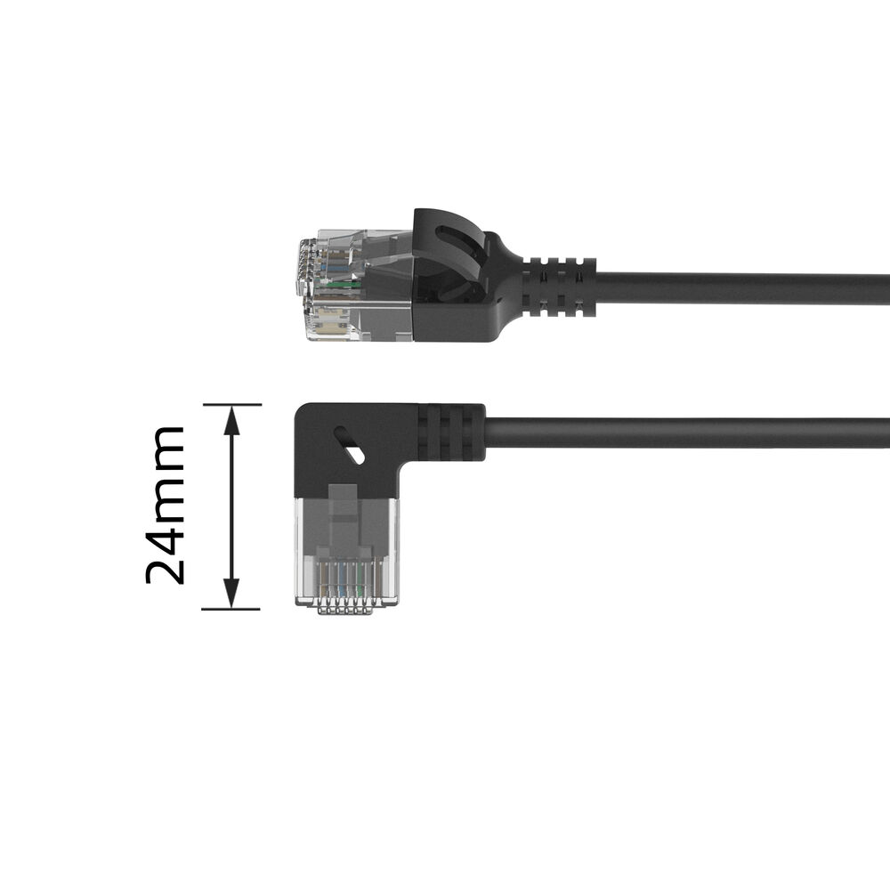 Cavo Ethernet nero con due connettori. Uno dritto, uno ad angolo. Misura di 24 mm indicata accanto al connettore ad angolo.