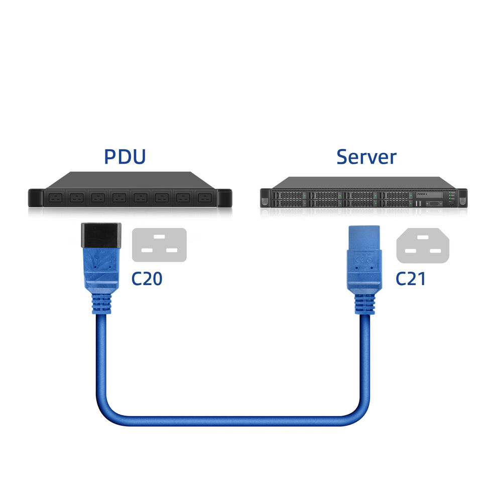 Diagramm von PDU und Server, verbunden durch ein blaues Kabel. C20 und C21 sind beschriftet. Der Hintergrund ist weiß.