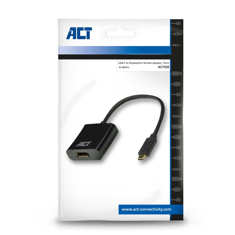 Ein USB-C-auf-DisplayPort-Adapter befindet sich auf seiner Verpackung. Die Verpackung hat das Markenlogo ACT. Der Adapter ist schwarz.
