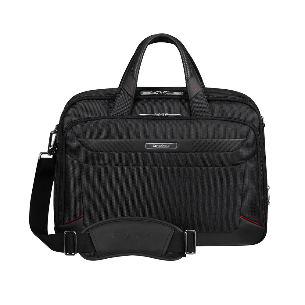 Una valigetta Samsonite nera con manico e tracolla. Ha un logo e un manico imbottito.