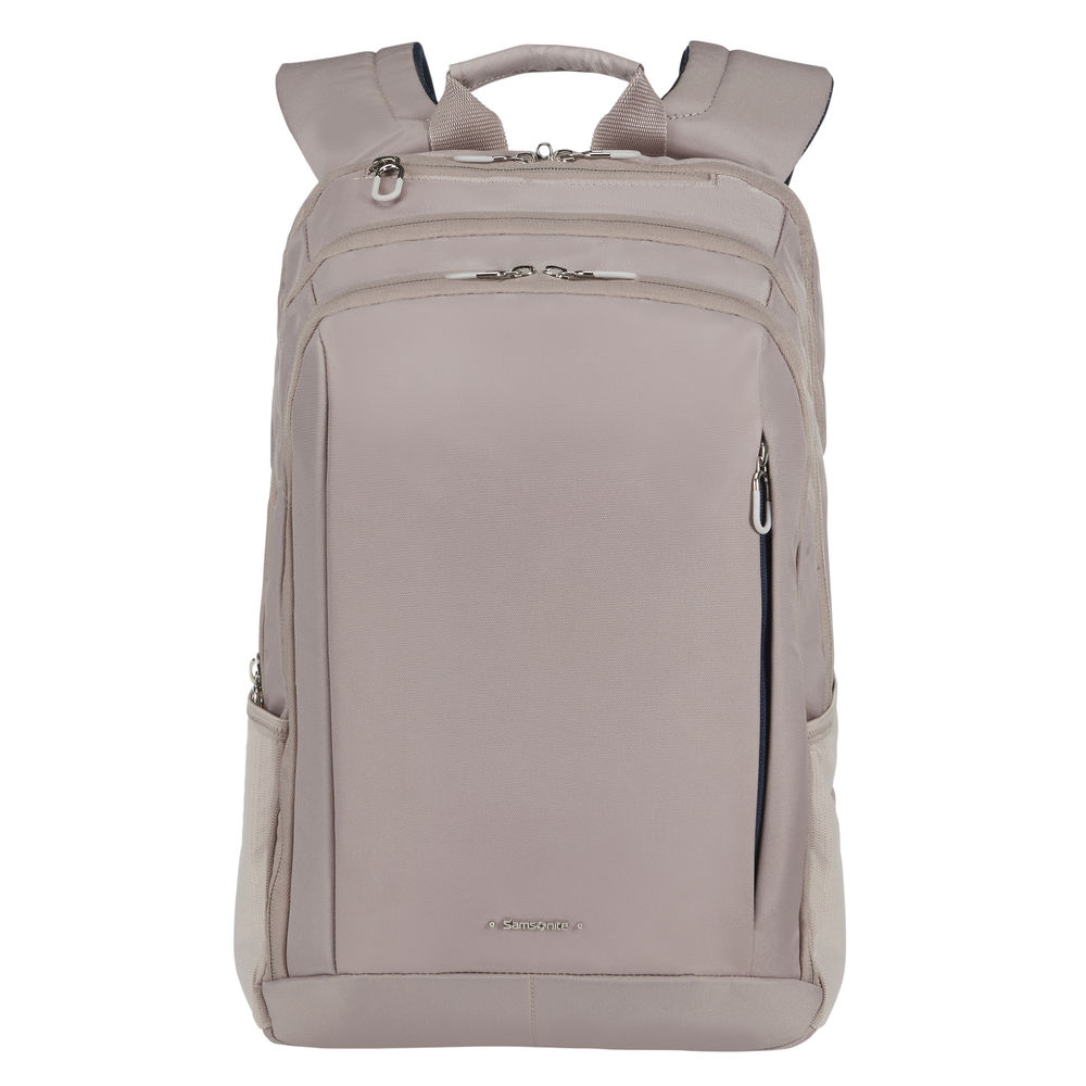 Uno zaino Samsonite beige con più scomparti e cerniere, con spallacci imbottiti e una maniglia superiore.