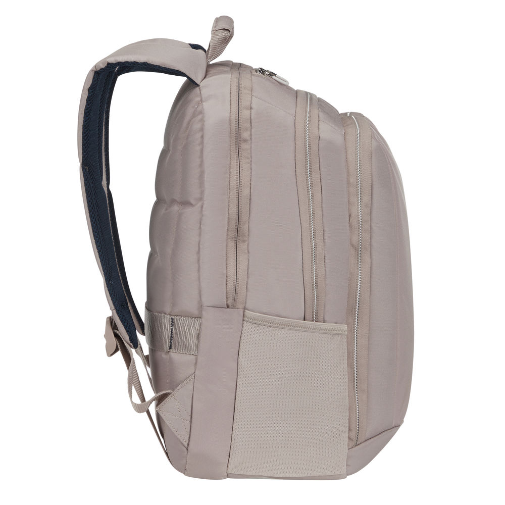 Uno zaino beige con multiple cerniere e un cinturino imbottito blu navy, su sfondo bianco.