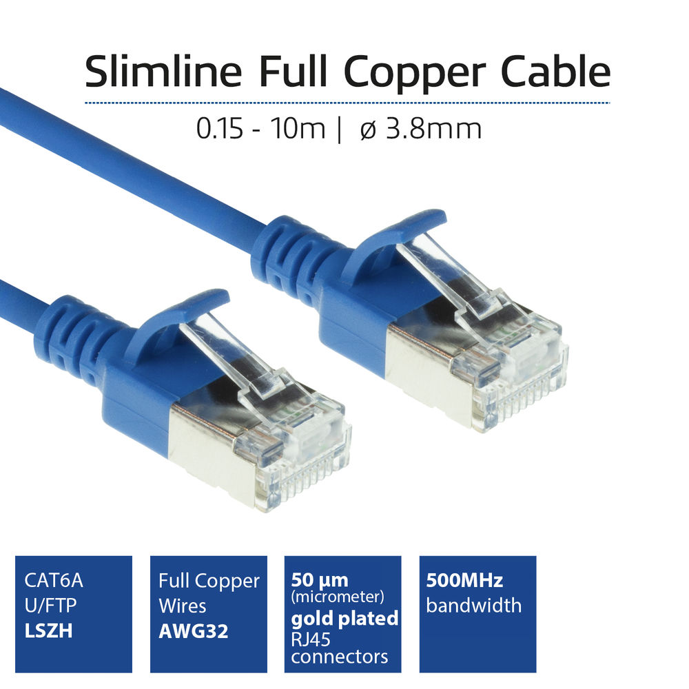 Niebieski kabel Ethernet z złączami RJ45. Tekst: Slimline Full Copper Cable, CAT6A, Full Copper Wires, pozłacane złącza RJ45 50 μm.