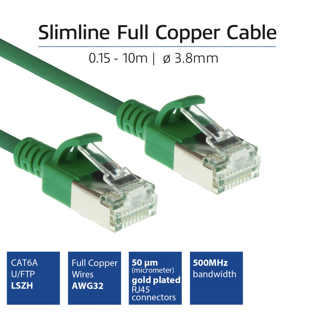 Cavo di rete verde con connettori, etichette di testo: CAT6A, Fili di rame pieni, connettori RJ45 placcati oro da 50 μm e larghezza di banda di 500 MHz.